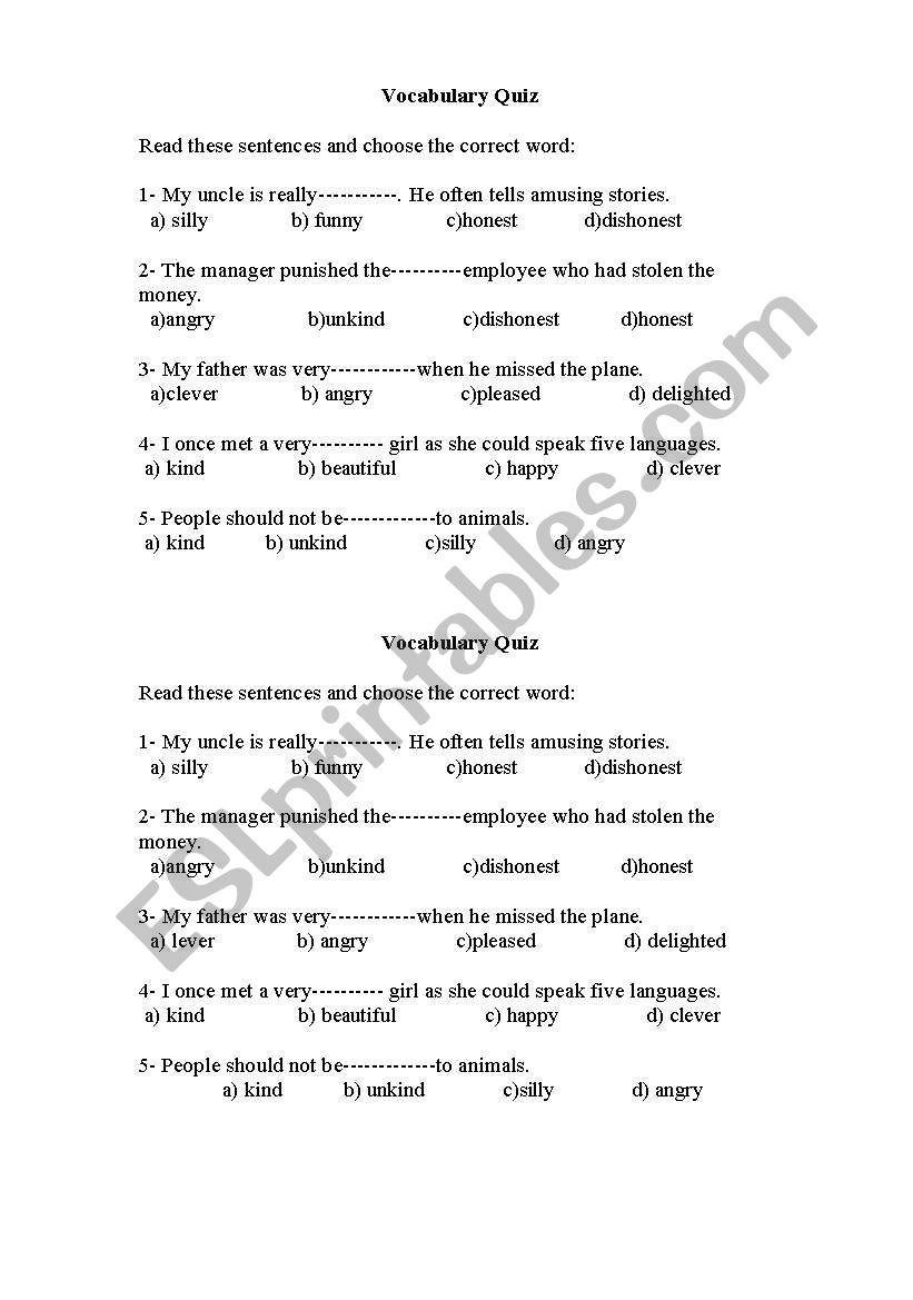 vocabulary quize worksheet