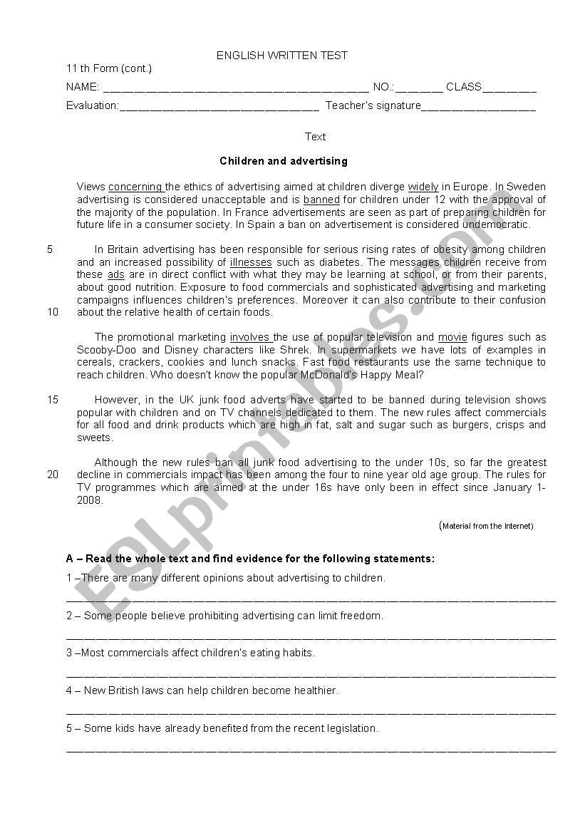 Children and advertising worksheet