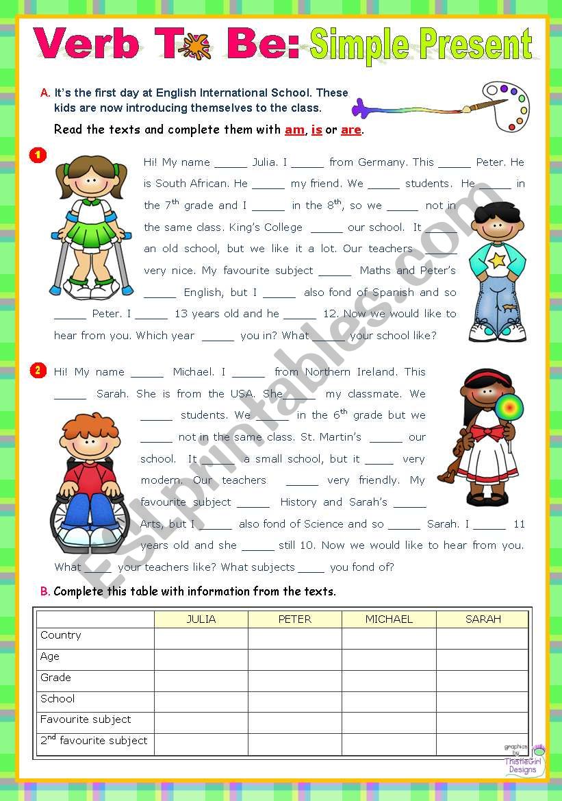 Verb to be: Simple Present   -    Focus on Reading + Writing skills + Grammar  (90-minute class)