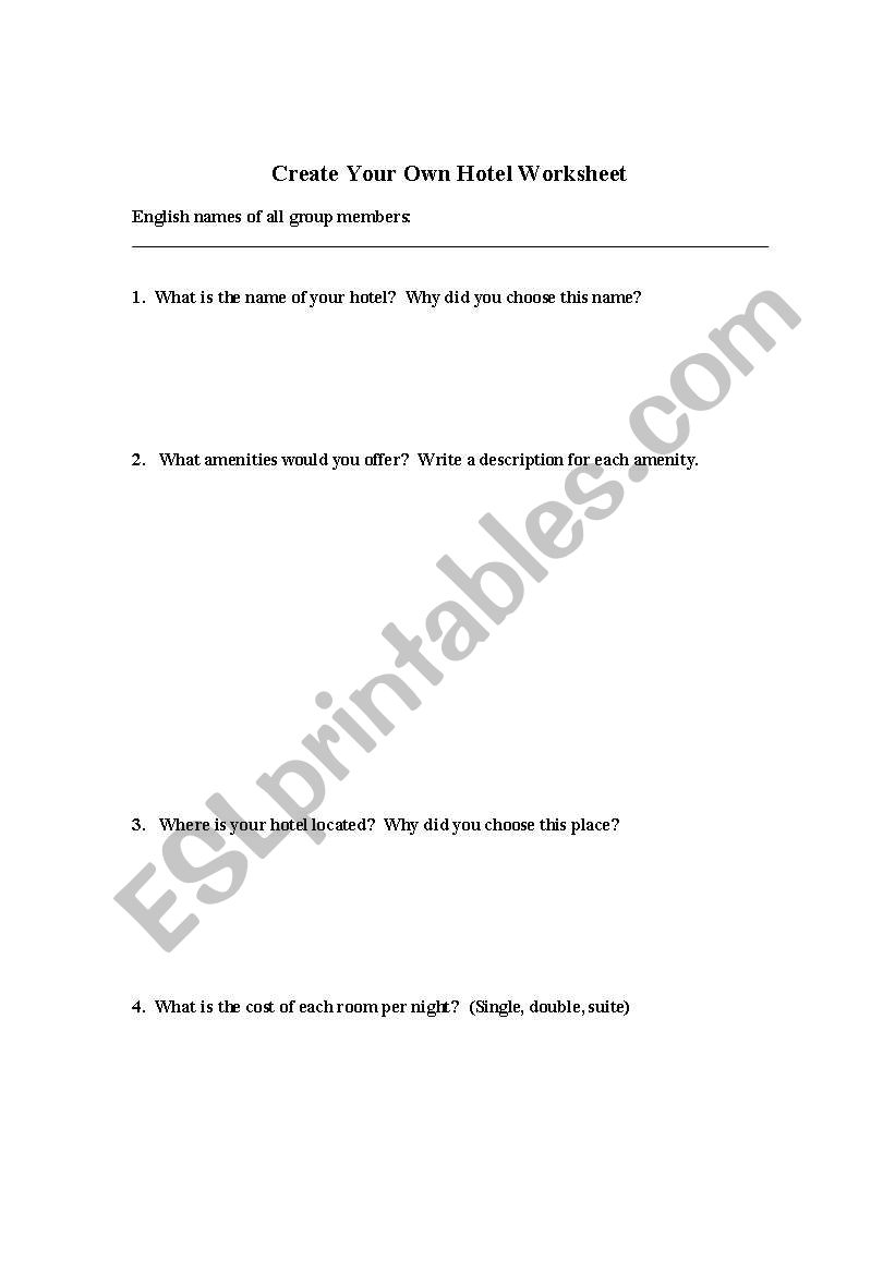 Create Your Own Hotel Worksheet
