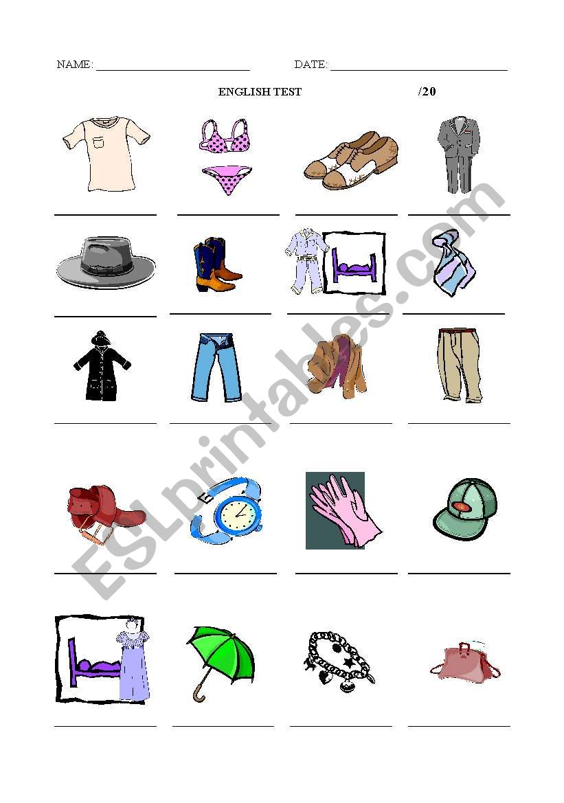 English worksheets: Clothes Test