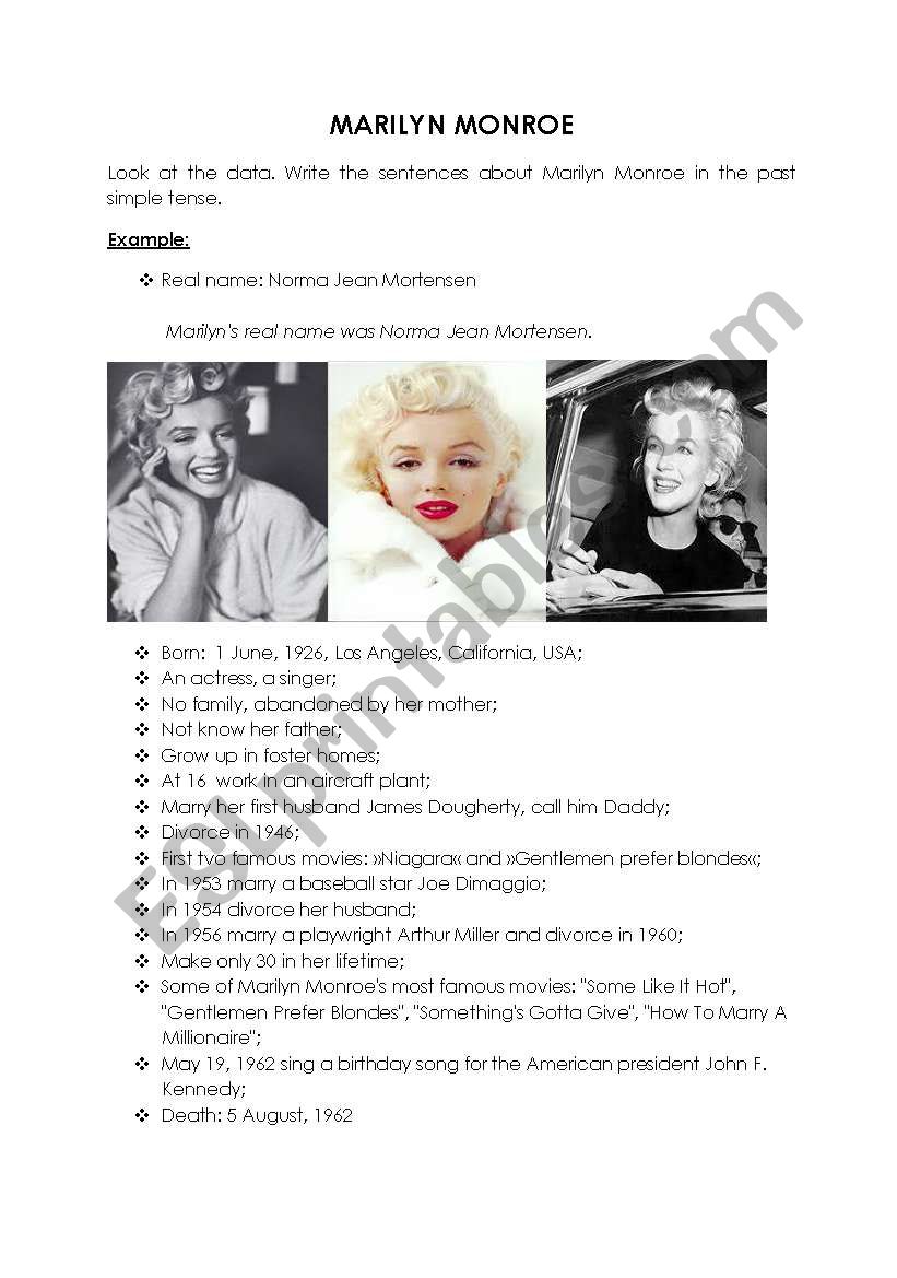 Marilyn Monroe S Biography Esl Worksheet By Joyrott