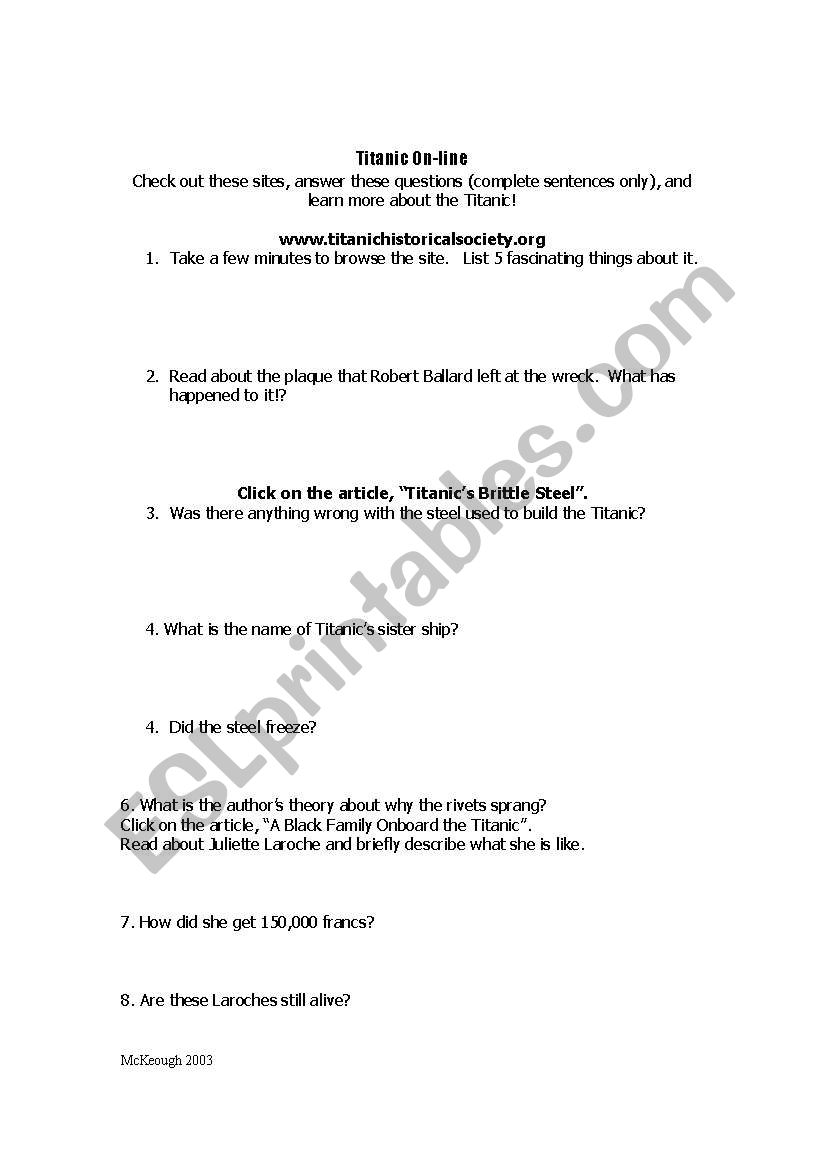 Titanic Web Quest Activity worksheet