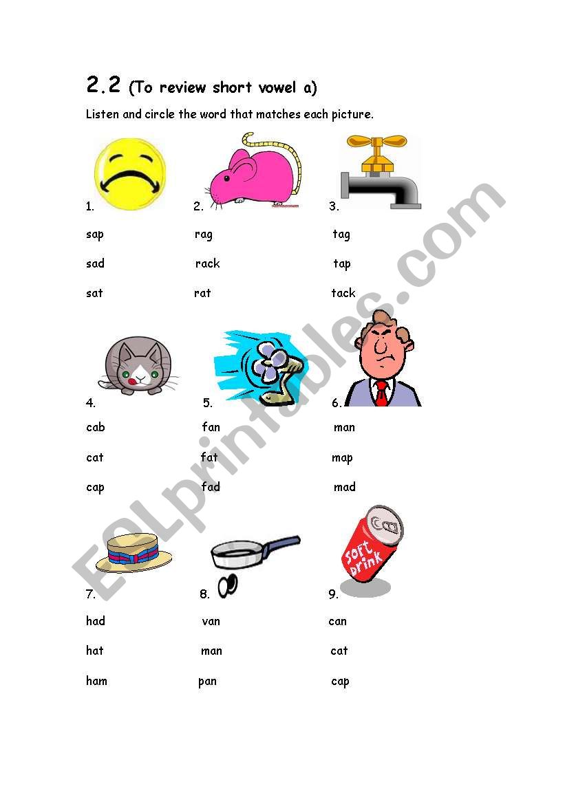 English worksheets: review short vowel a