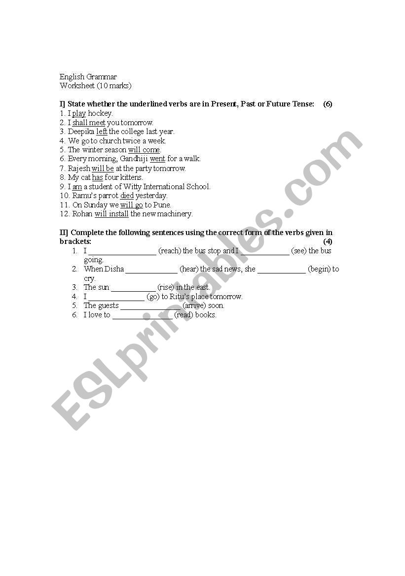 Worksheet Tenses worksheet