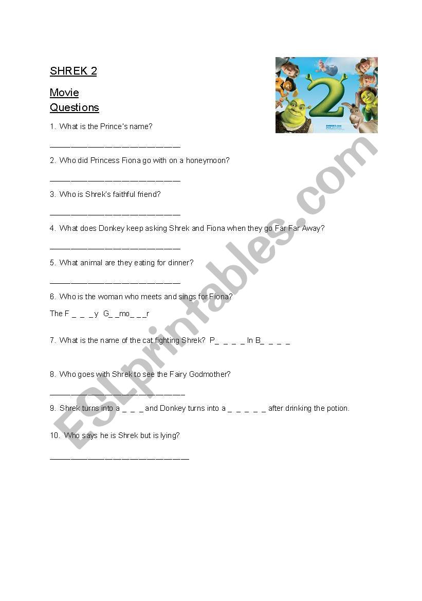 Shrek 2 worksheet