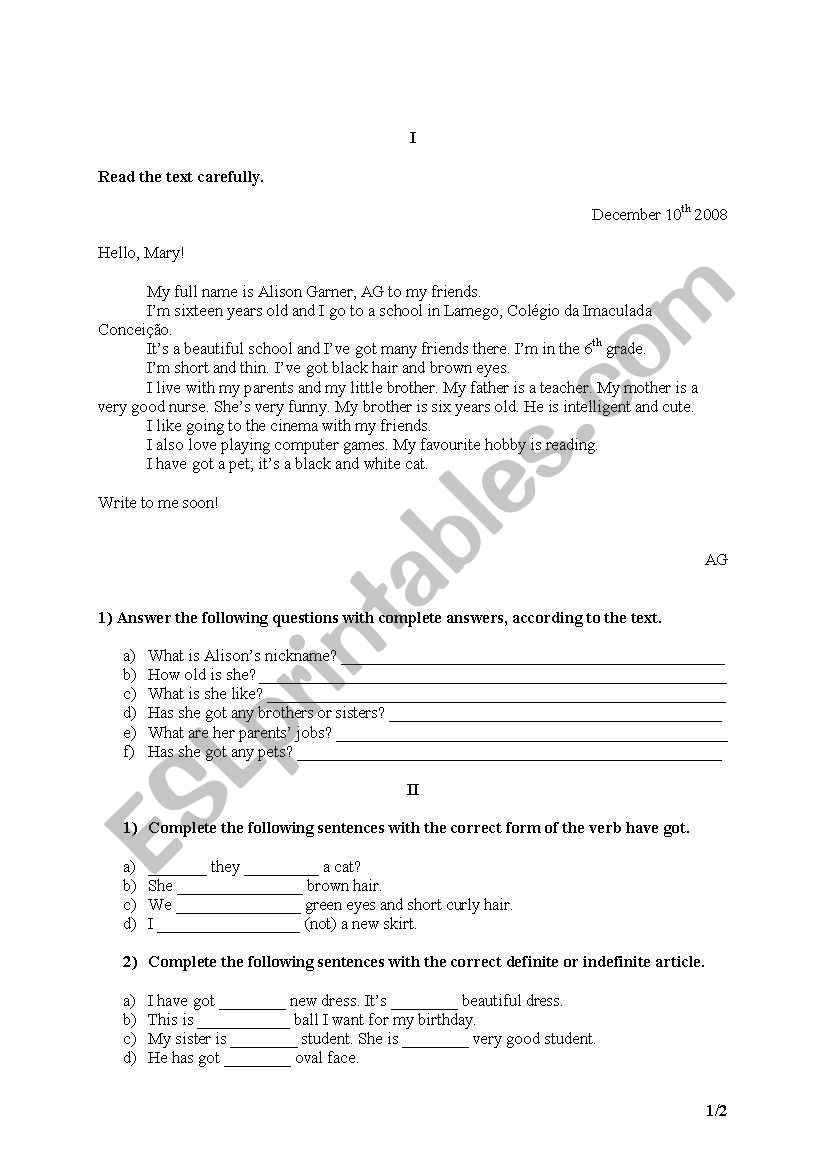 English test 1/2 worksheet