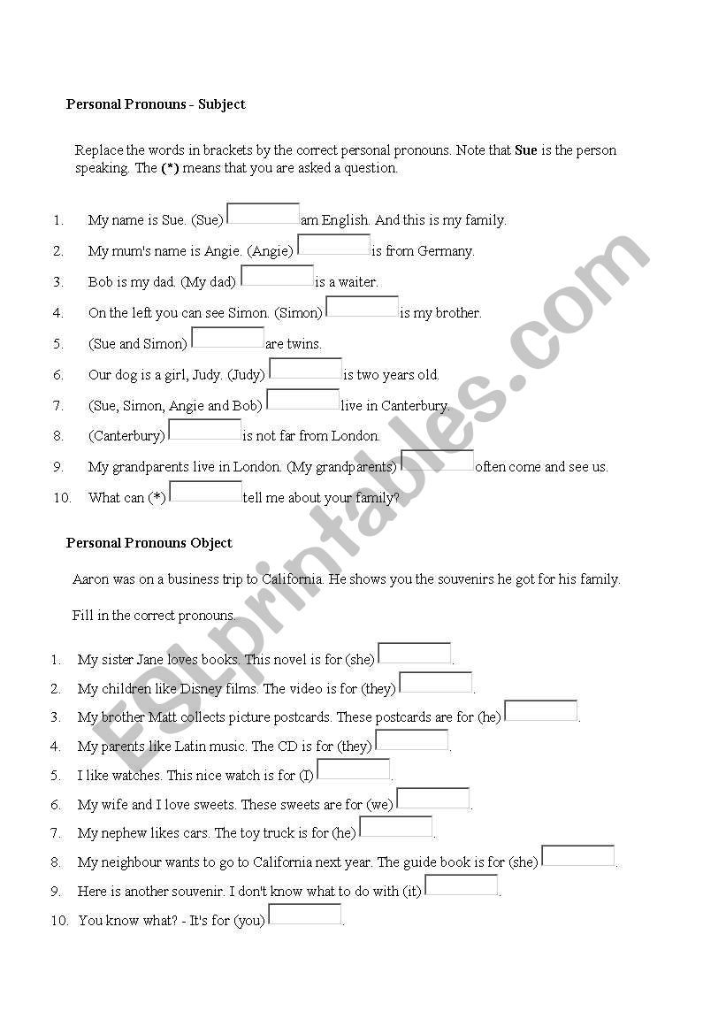 Subject and Object Pronouns worksheet