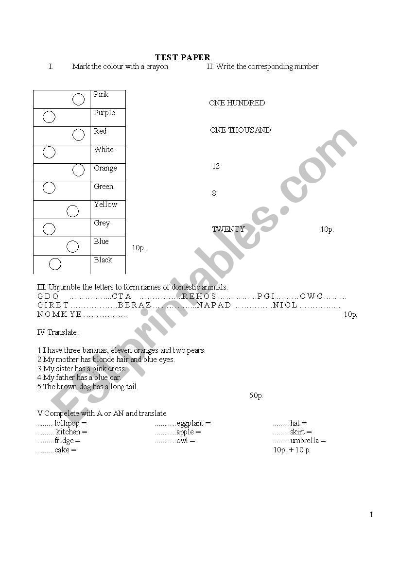 test paper initial worksheet