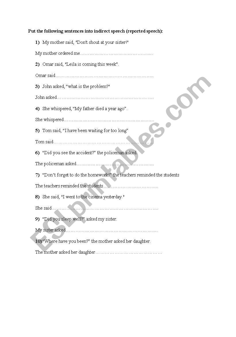 English Worksheets Reported Speech 2640