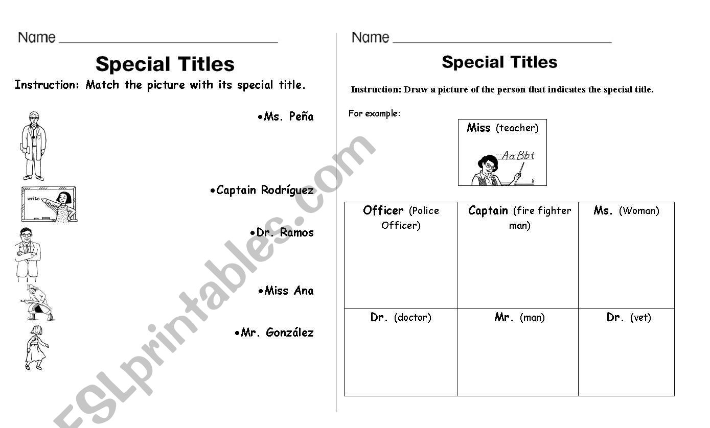 special titles worksheet