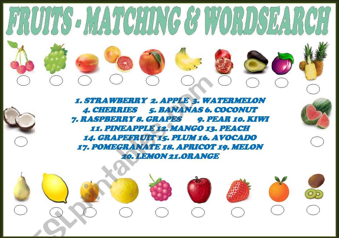 FRUITS - MATCHING & WORDSEARCH (EDITABLE WITH KEY)