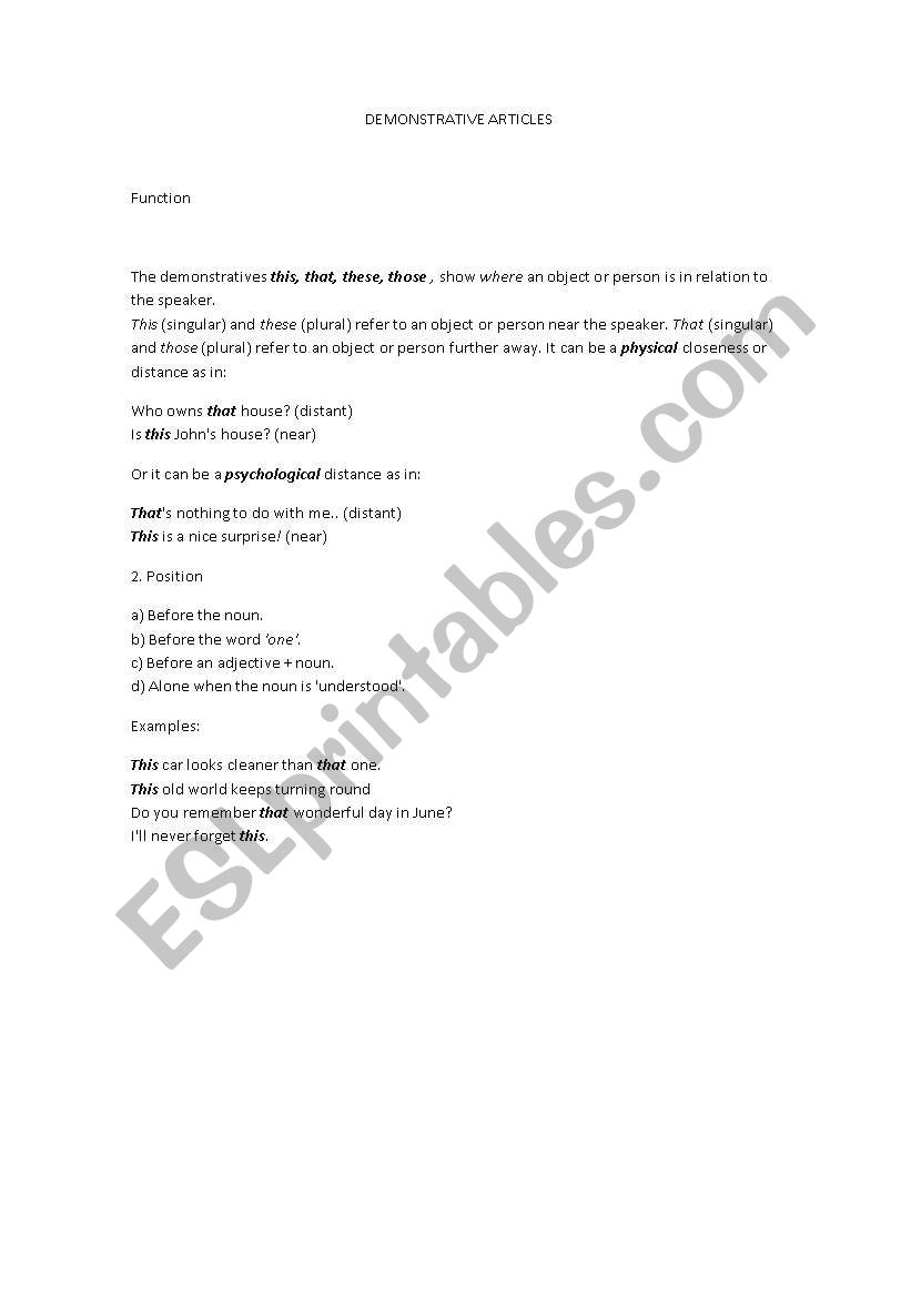 demonstrative articles worksheet