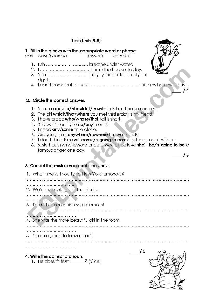 revision test worksheet