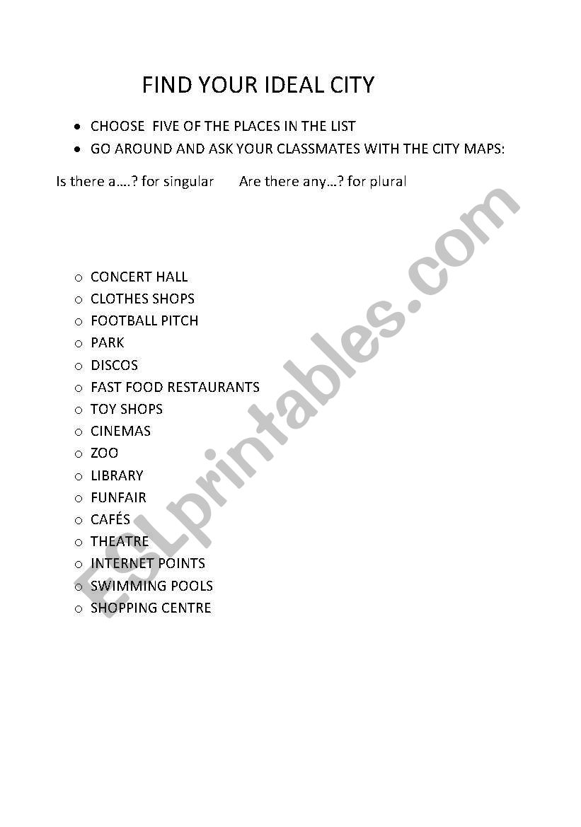 FIND YOUR IDEAL CITY worksheet