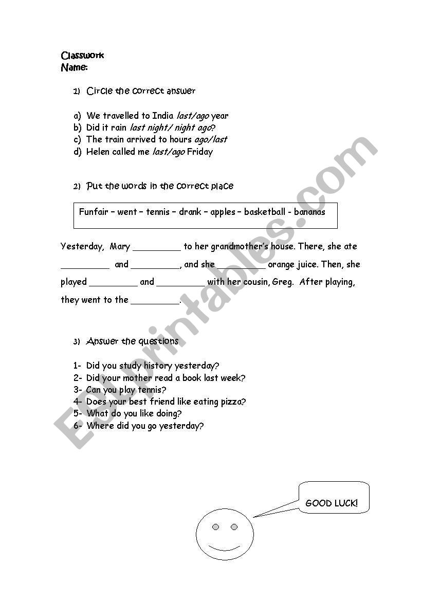 Classwork worksheet