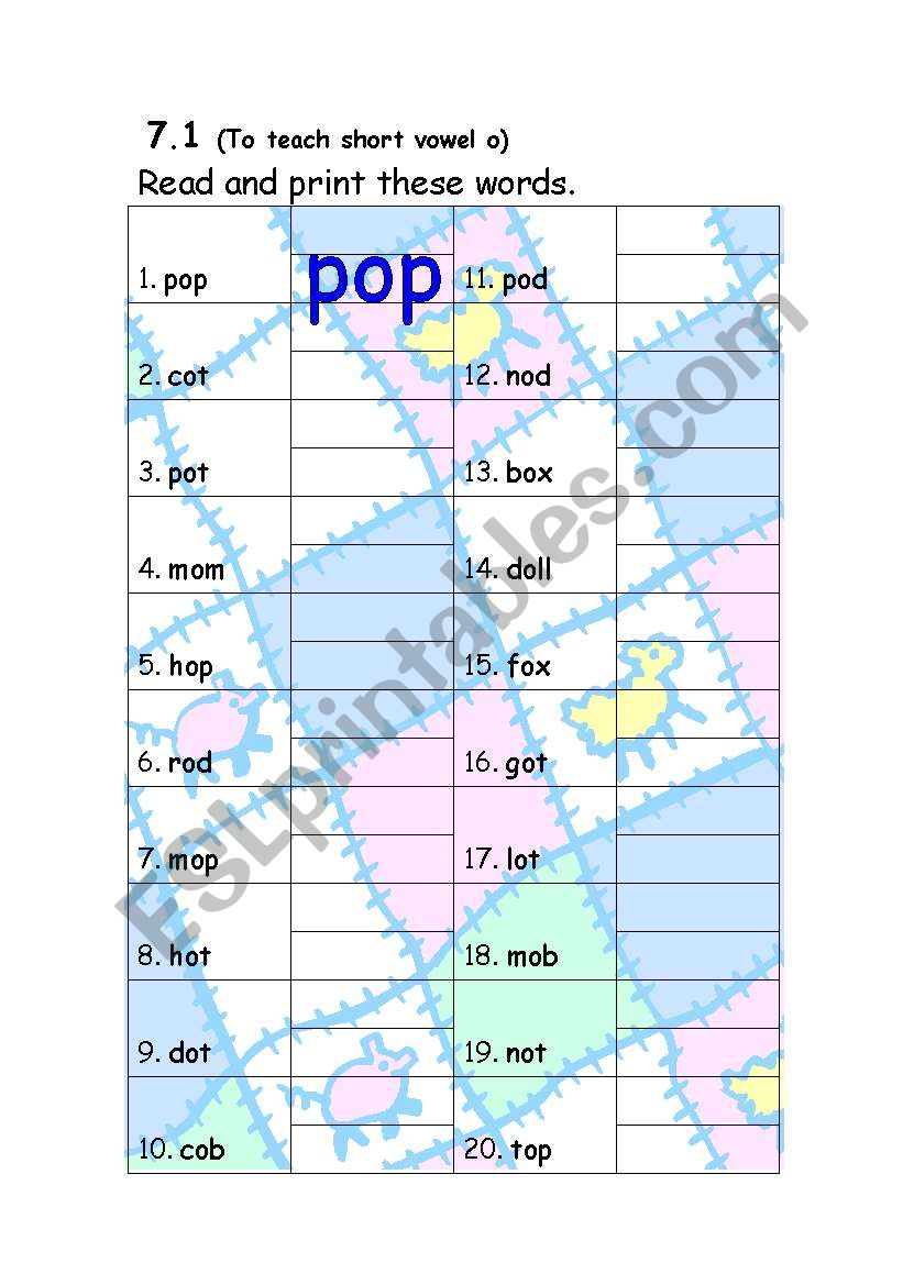 English Worksheets Short Vowel O