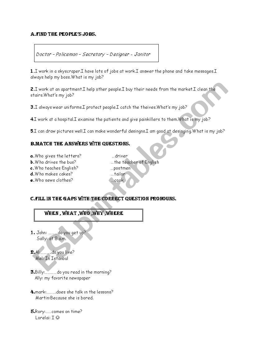 jobs and question pronouns worksheet