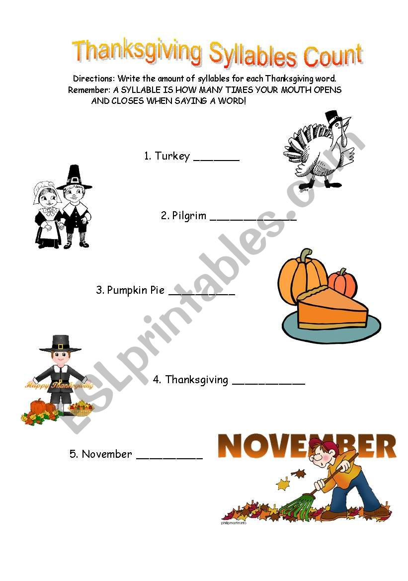 Thanksgiving Syllable Count worksheet