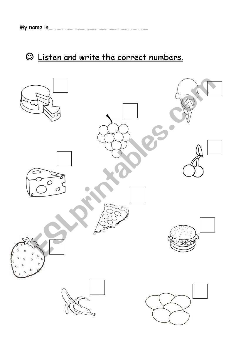 Food, listen and write the numbers