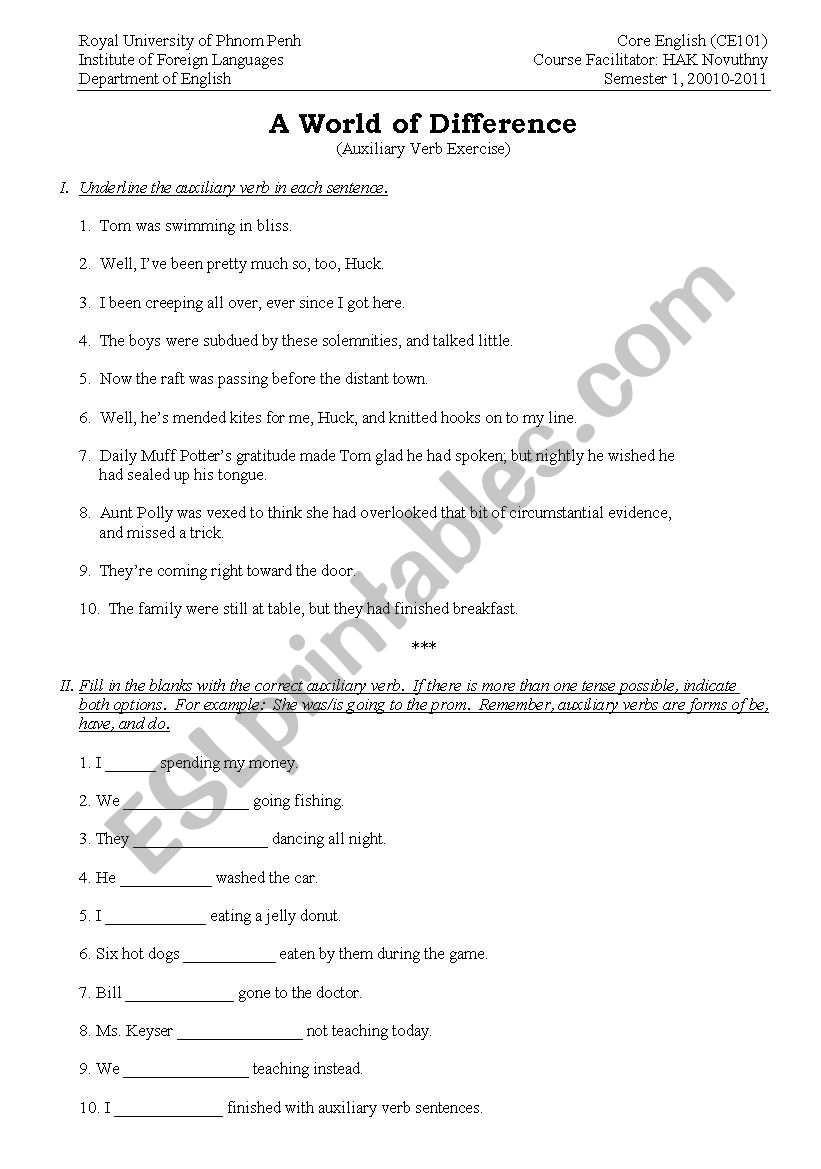 Auxilary verbs exercise worksheet