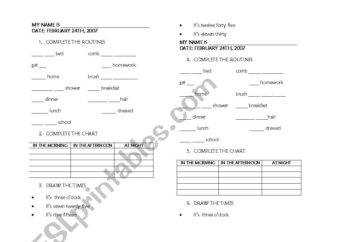 activities about routines worksheet