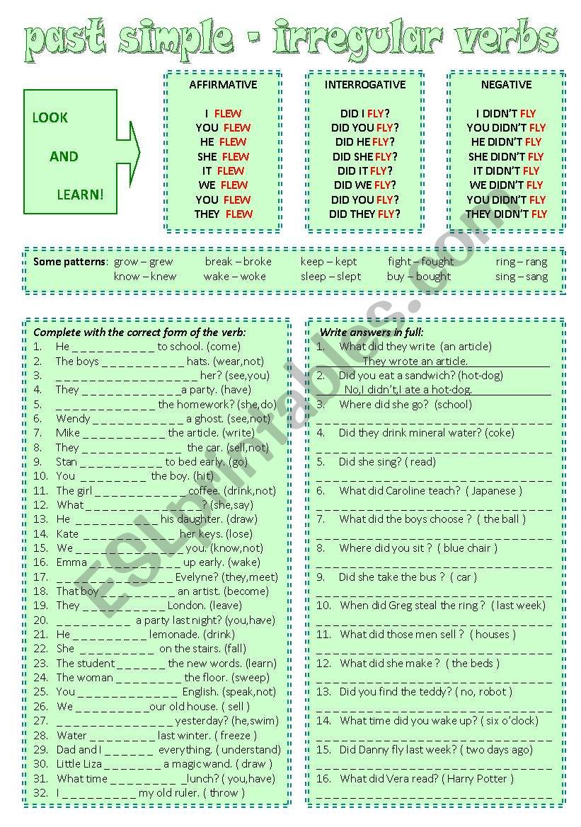 PAST SIMPLE irregular verbs worksheet