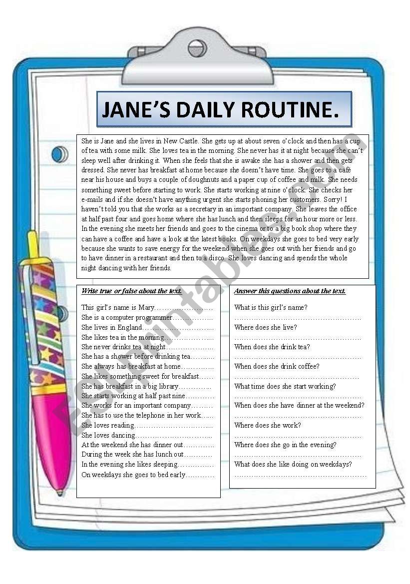 Janes Daily Routine Reading Comprehension Esl Worksheet By