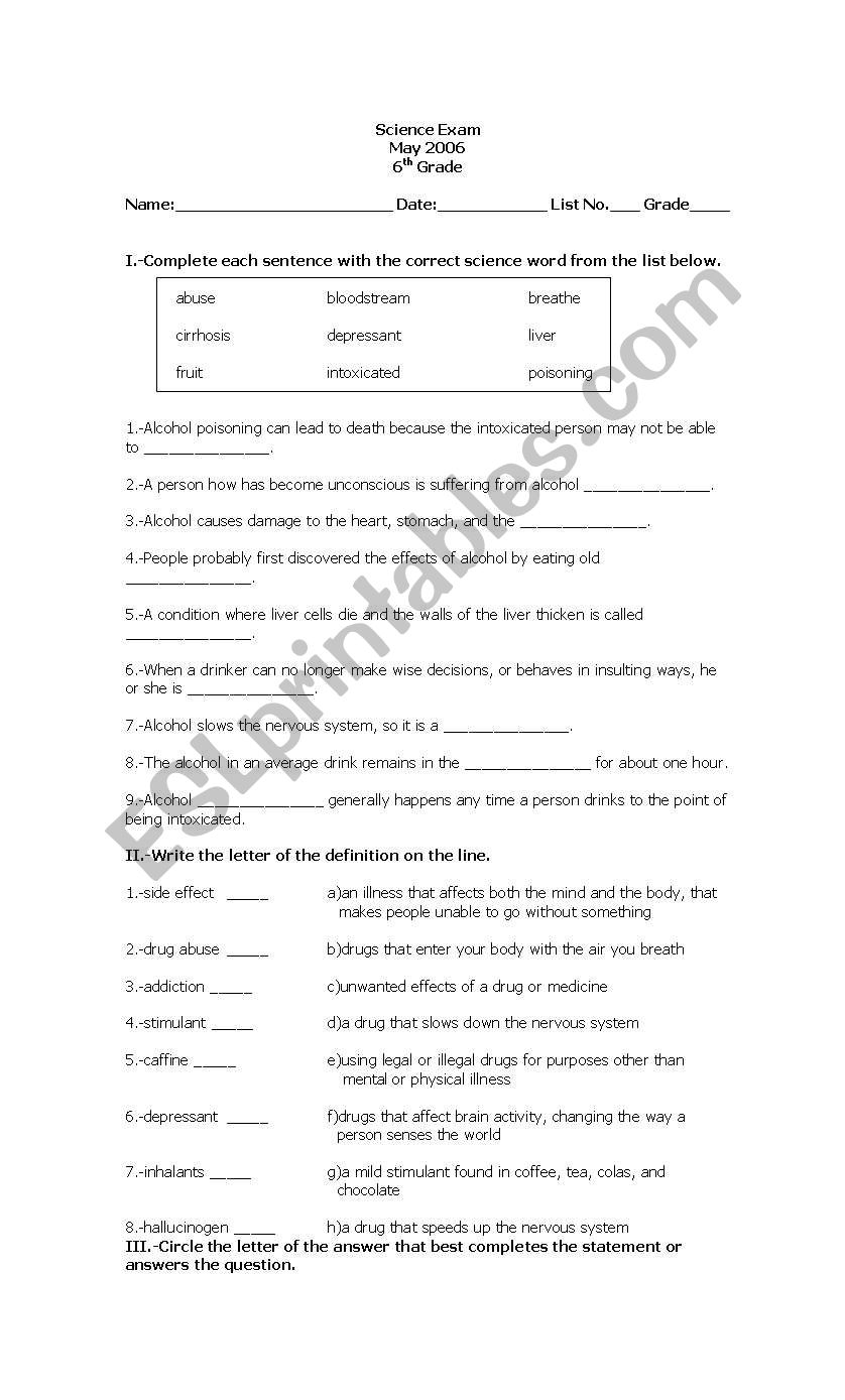 Science exam worksheet