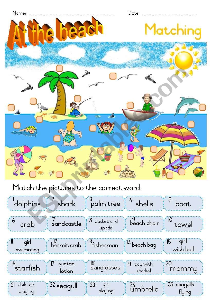 at-the-beach-matching-ws-esl-worksheet-by-joeyb1