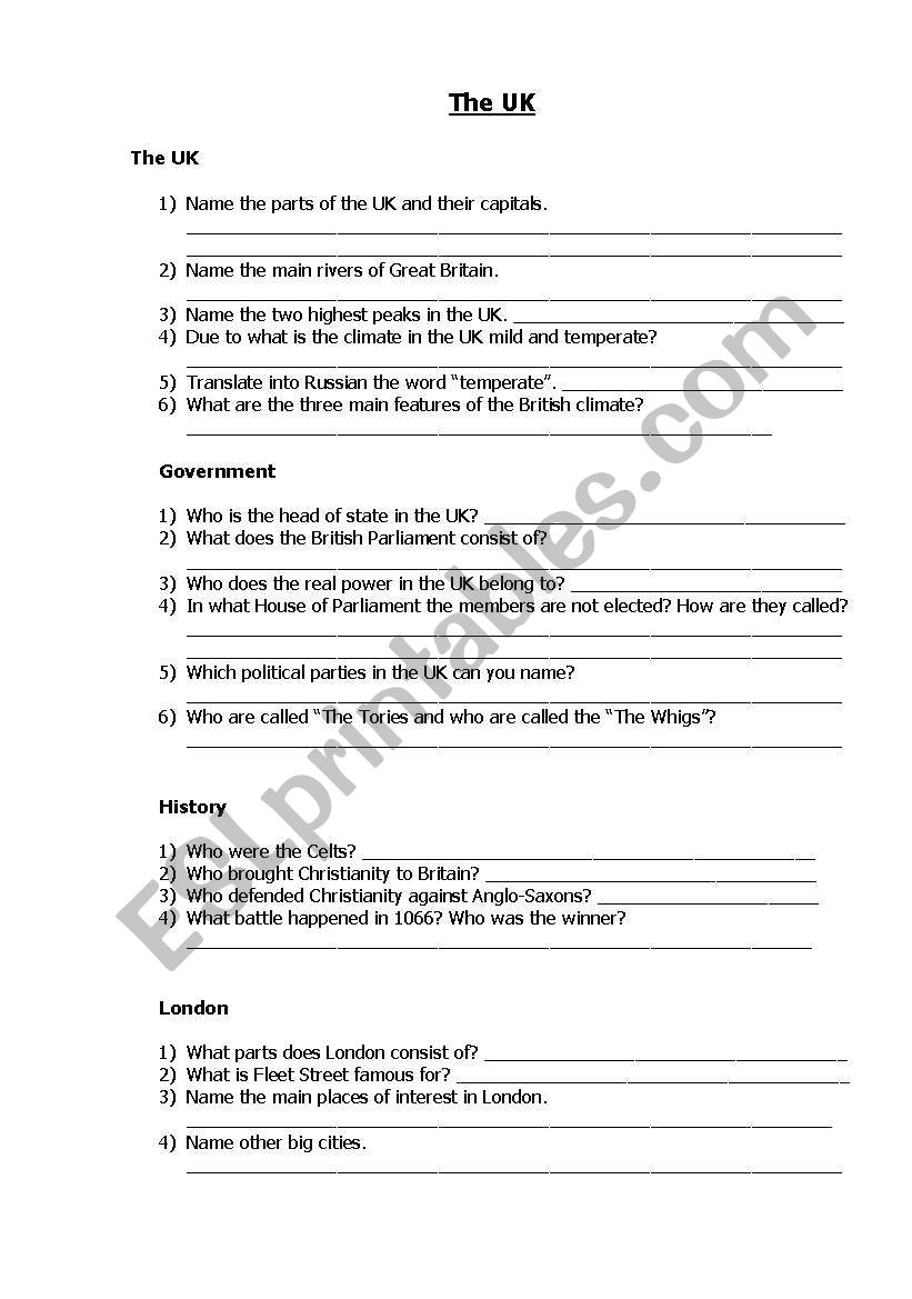 Quiz. The UK worksheet