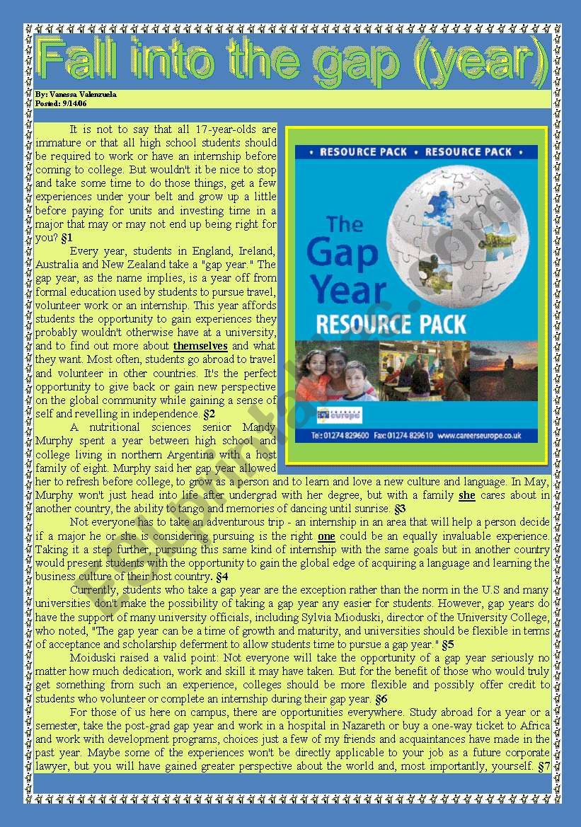 Gap Year ESL Worksheet By Graca Pereira