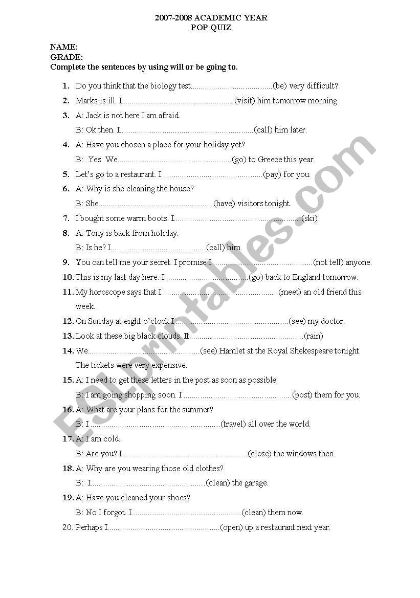 WÝLL BE GOING TO QUIZ - ESL worksheet by yildizelvan