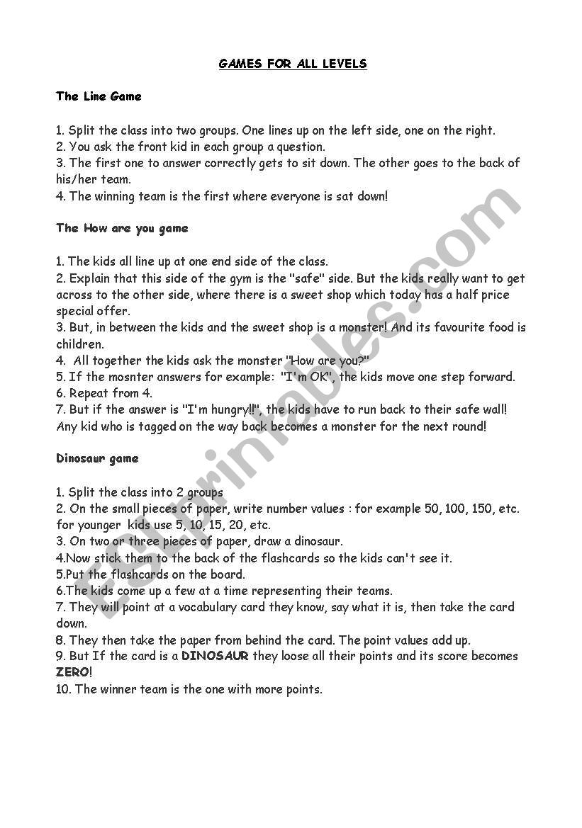 GAMES FOR ALL LEVELS worksheet