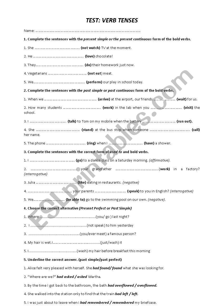 VERB TENSES EXAM FOR 2 BACHILLERATO.