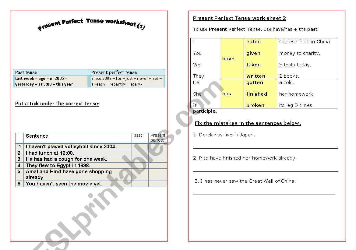 present perfect worksheet