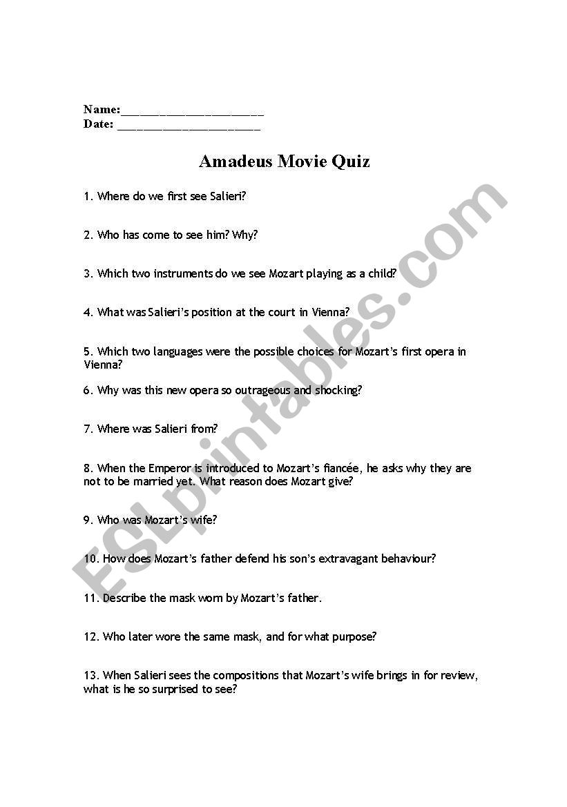 English Worksheets Amadeus Movie Quiz