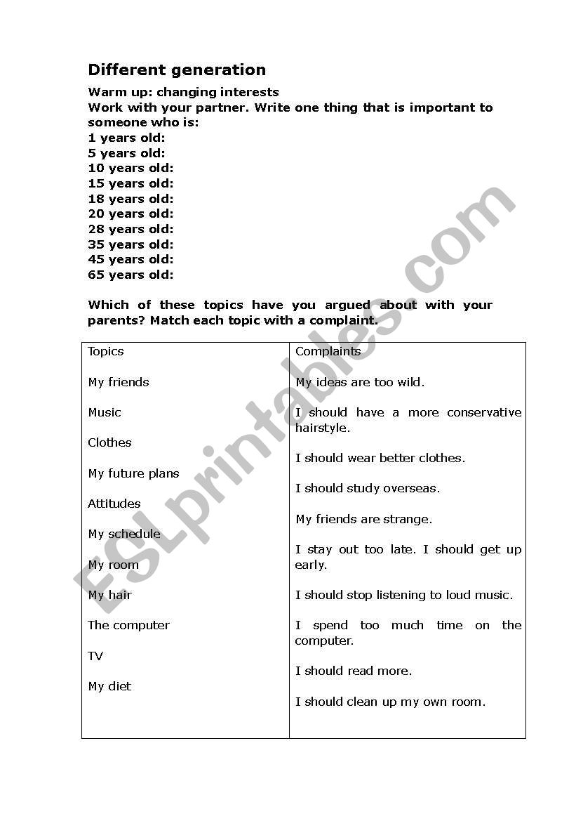 different generations worksheet