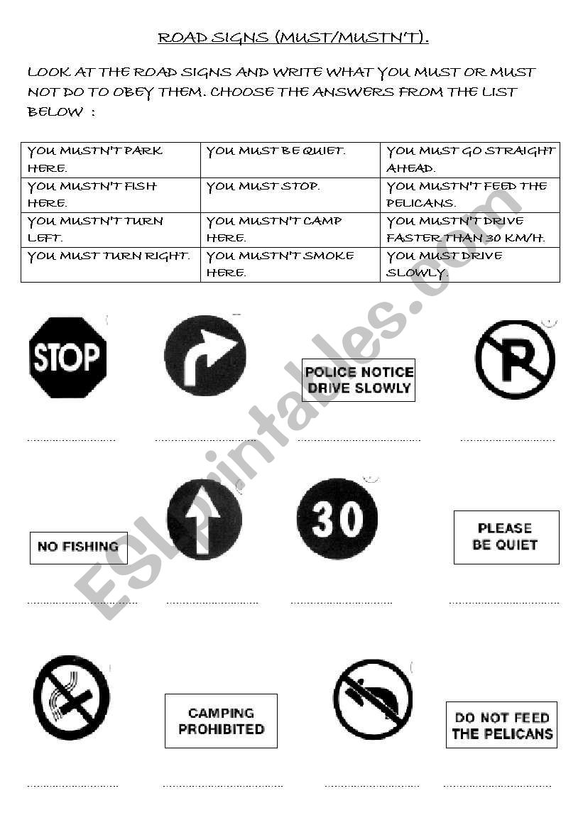 MUST / MUSTN´T WITH ROAD SIGNS - ESL worksheet by brolman02