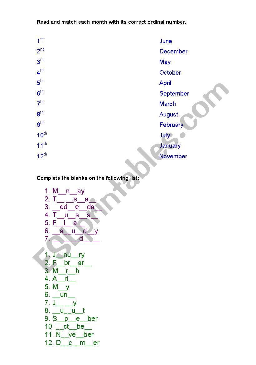 Days of the week and Months worksheet