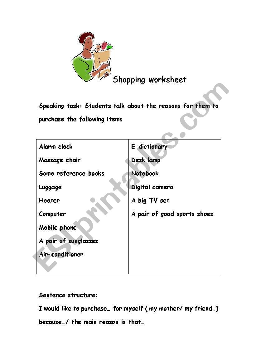 shopping worksheet worksheet