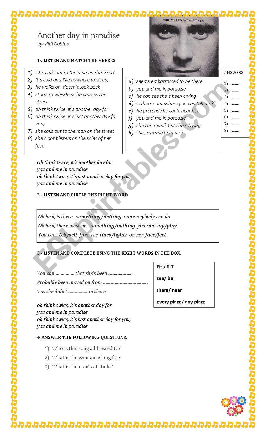 English worksheets: lyrics of song another day in paradise