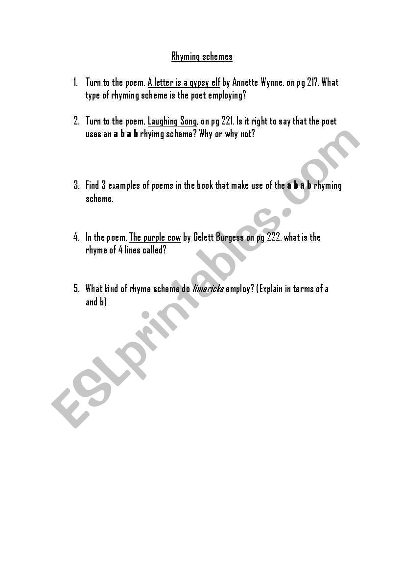 Rhyming schemes worksheet