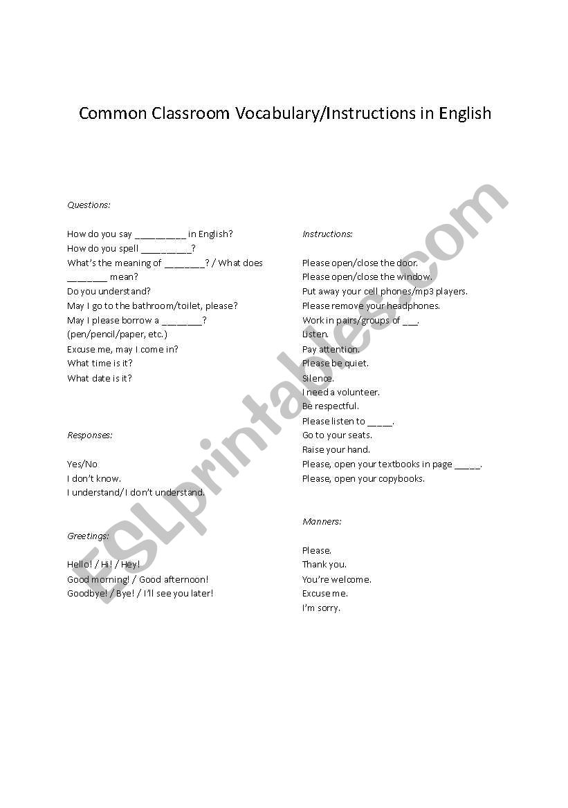 English Worksheets Common Classroom Vocabulary