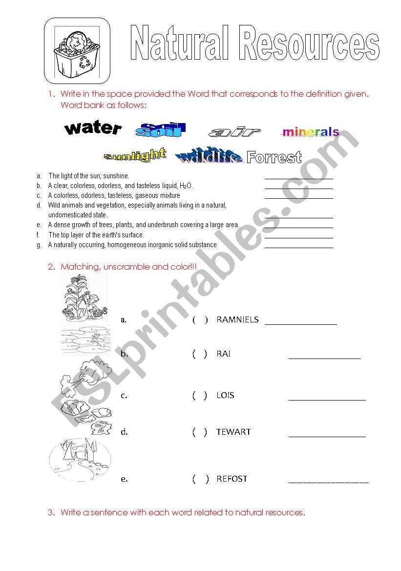 natural resources for kids esl worksheet by sonyta04