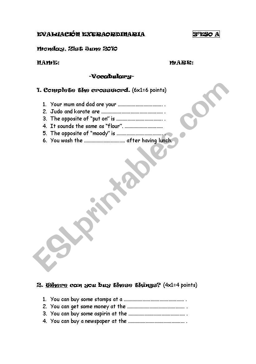 3 ESO final exam worksheet