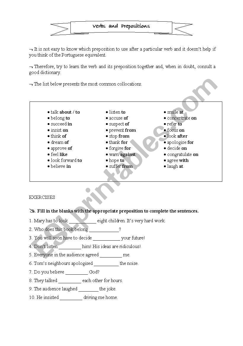 Verbs and prepositions worksheet