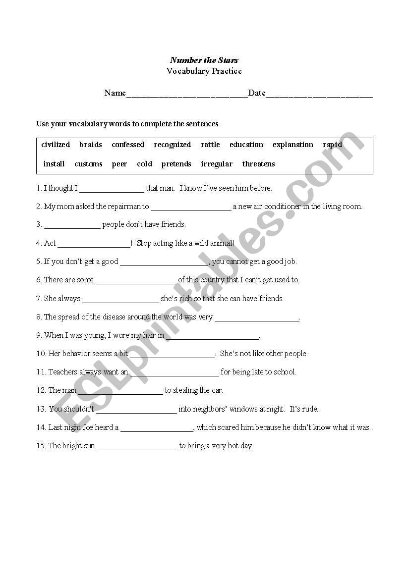 English Worksheets Number The Stars Vocabulary Usage