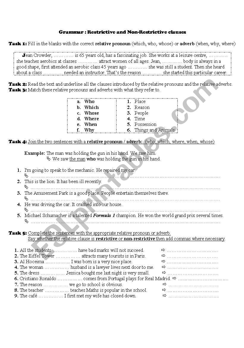 English Worksheets The Restrictive And The Non Restrictive Clauses