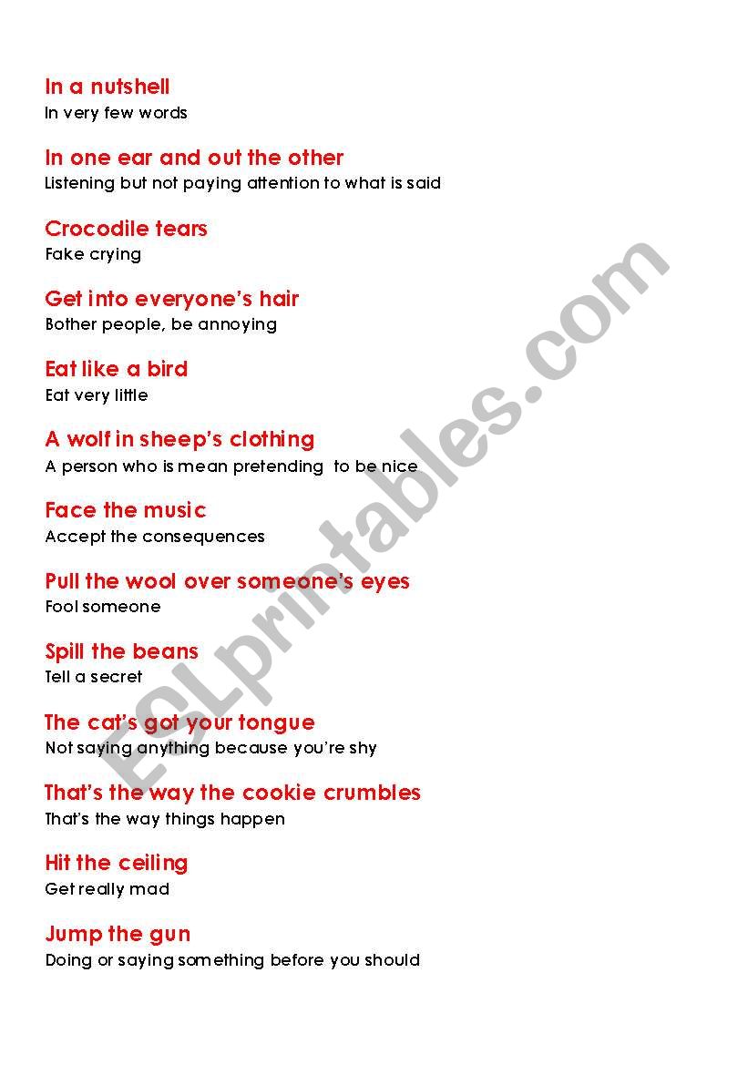 Eat Your Words Idioms Esl Worksheet By Rvmlfltj